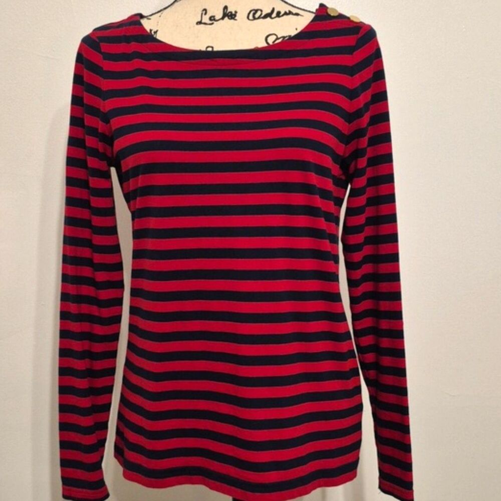 Brooks Brothers Striped Top Shirt S Pullover Red Navy Striped LS Scoop Neck